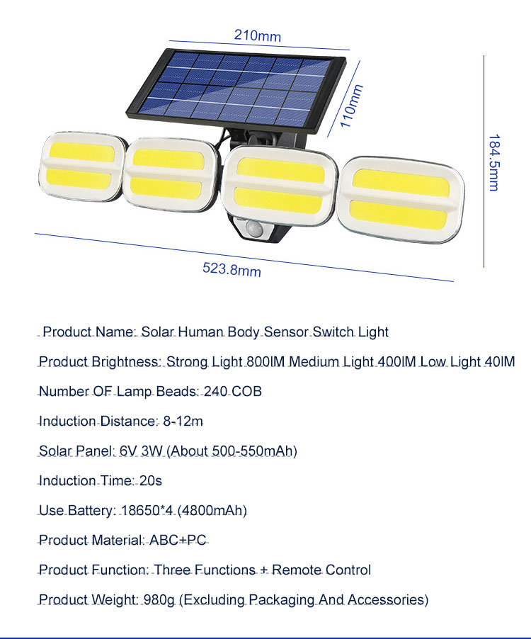 240COB Solar Outdoor Light Four Head Wide Angle Lighting Motion Sensor Solar Lamp Waterproof Garden Floodlight Lamp Wall Lamp
