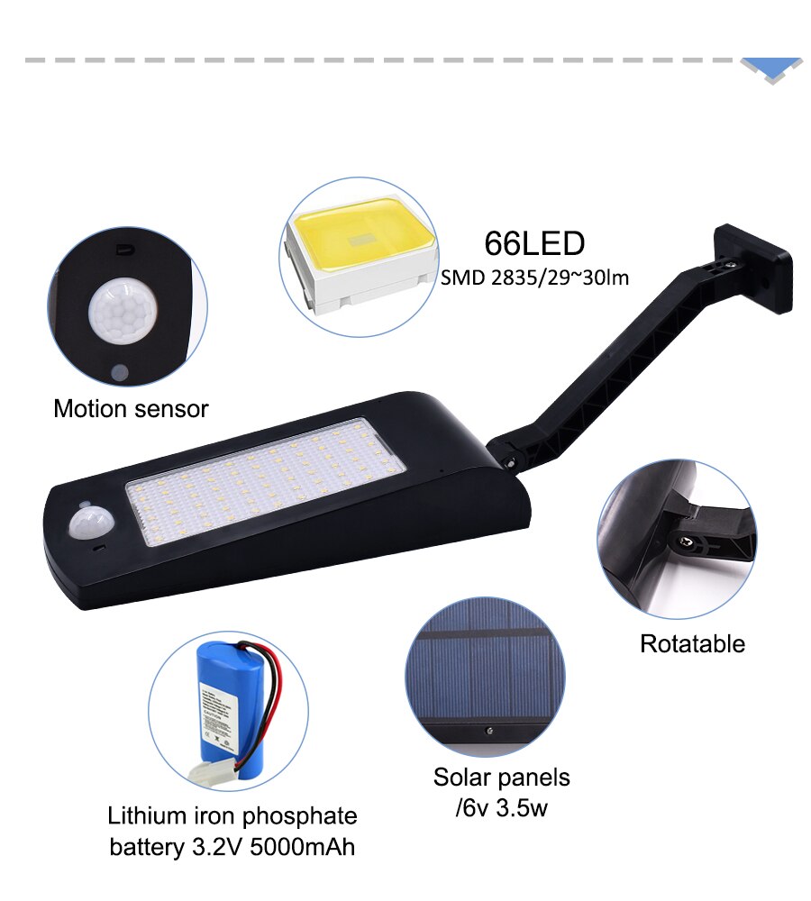 66 Led Solar Light Outdoor Waterproof Street Light Rotable Pole Solar Street Lamp Wall Lamp With 3 Modes For Garden