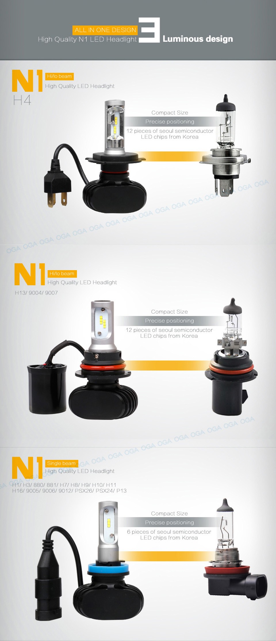 OGA 2PCS 50W 8000Lumens H7 LED Auto Head Lamp Car Headlight Kit Fog Light Bulb 12V 24V 6500K Mini Size Plug Play