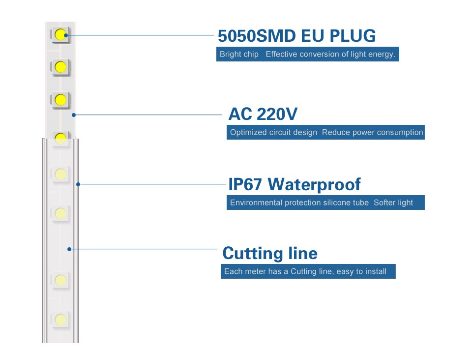 220V SMD 5050 EU Power Plug LED Strip Flexible Light 60leds m Waterproof Led Tape LED Light With 1M 2M 5M 8M 9M 10M 15M 20M 25M