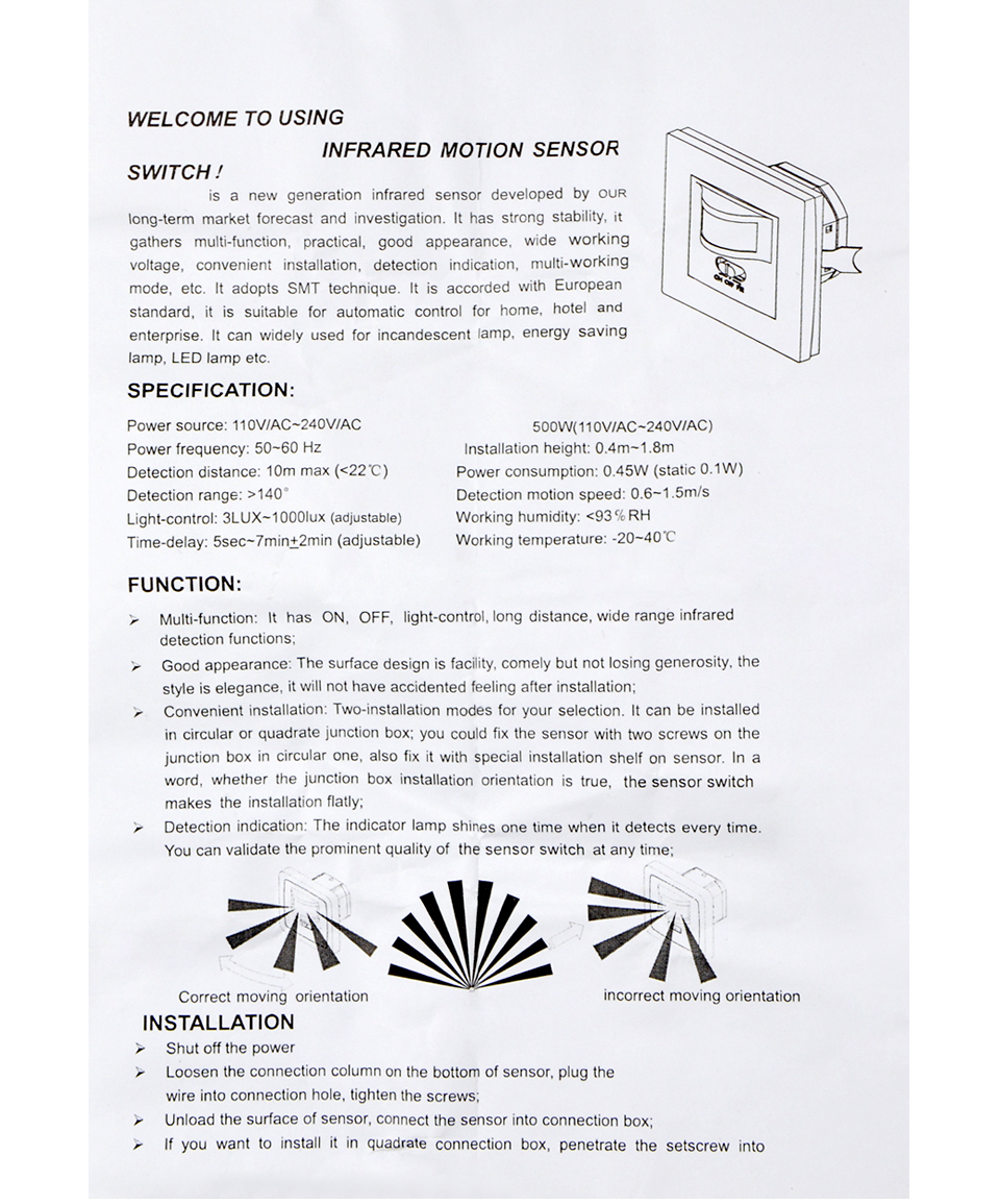 Wall mounted PIR Motion Sensor light Switch ON OFF Power Electrical Socket Adapter 100V 240V AC MAX 500w load 10m max