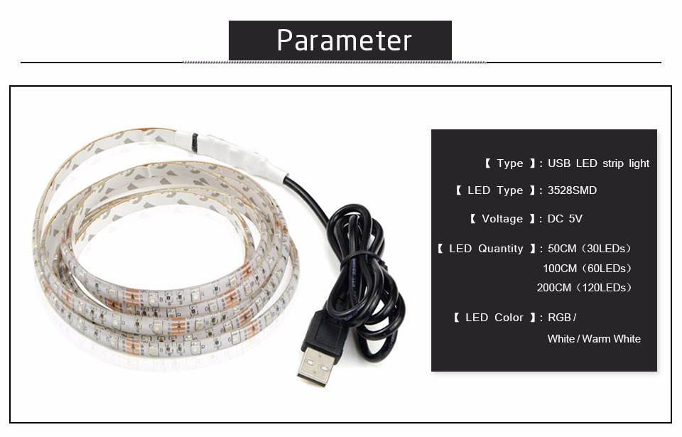 DC 5V 50CM 1M 2M USB LED Strip Light 3528 SMD IP20 RGB Warm Cool White Flexible TV Background Lighting Strip Wall Lamp