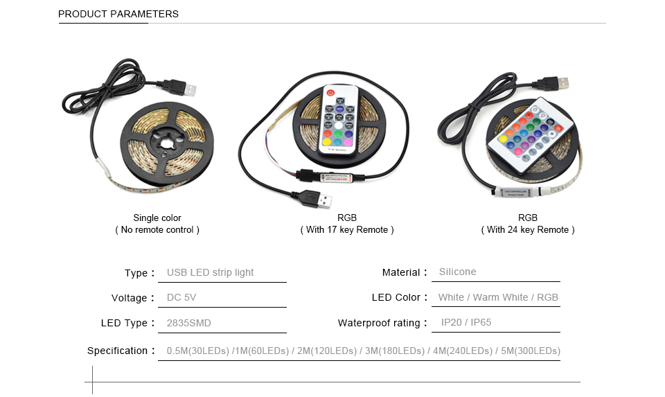 1M 2M 3M 4M 5M USB charger led strip light DC 5V 3528 SMD USB cable LED tape power supply LED lamp RGB with IR RF remote control