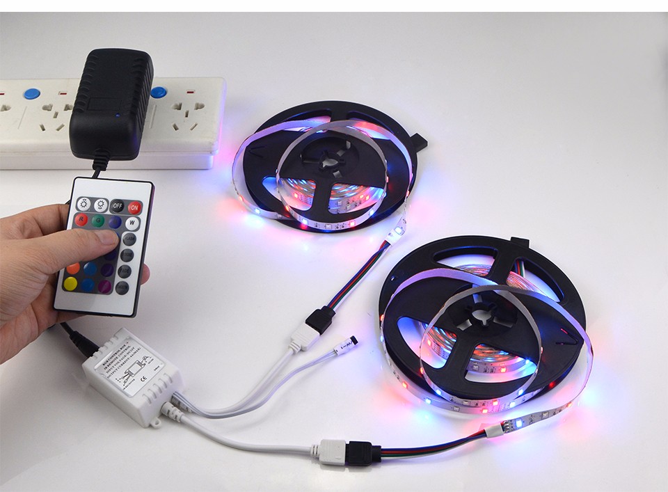 1set 5M Or 10M 2835 SMD RGB LED Strip light String Ribbon Decor lamp Tape 24Keys Remote Controller 12V 3A Power Adapter Kit
