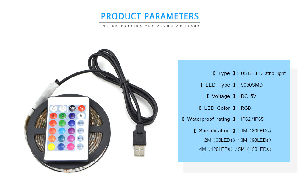 TV Background Lighting 1m 2m 3m 4m 5m 5050 SMD DC5V RGB USB LED Strip light IP20 IP65 waterproof tape remote control