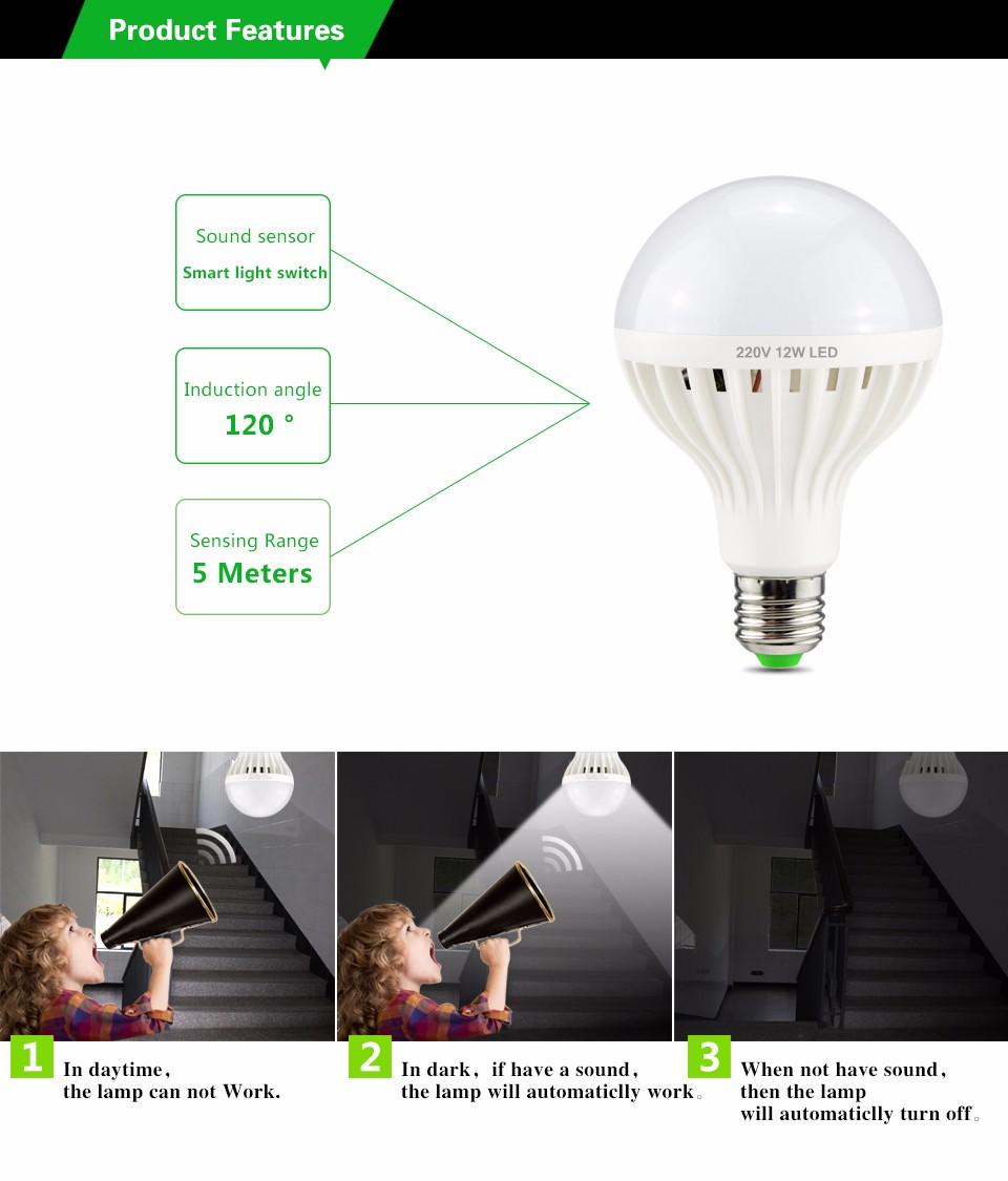 Night light E27 220V SMD 5730 LED Bulb Lamp Sound Voice Induction Light Sensor Control Detection for Hallway Stair lighting