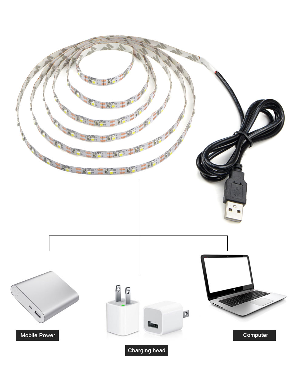 3528 SMD DC 5V USB charger power LED strip light IP20 1m 5m USB cable adapter LED Decor lamp TV Background Light