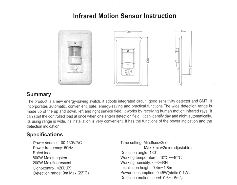 USA AC 110V 130V sensor switch LED lamp Switch Motion Sensor PIR Sensor light Control IR Infrared Induction With Time delay