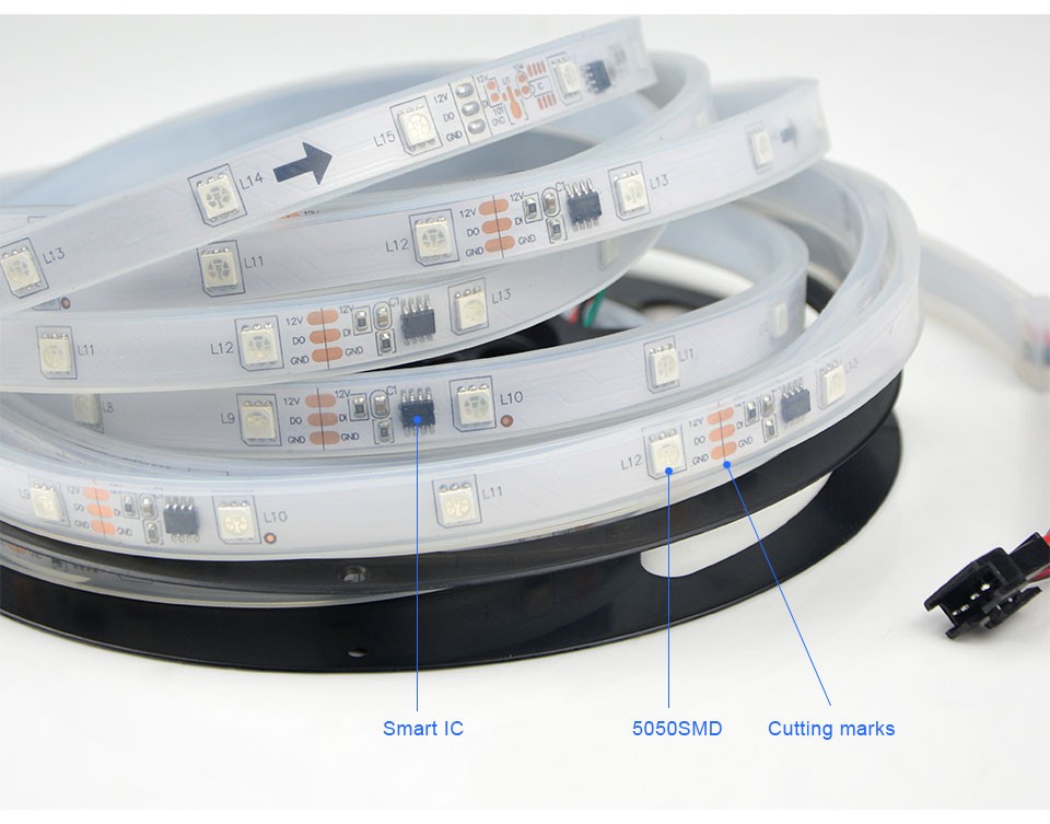 IC 5050 SMD RGB LED pixels Strip light 12V 5M Waterproof addressable Digital 1903 chip RF Remote Controller 5A Power Adapter