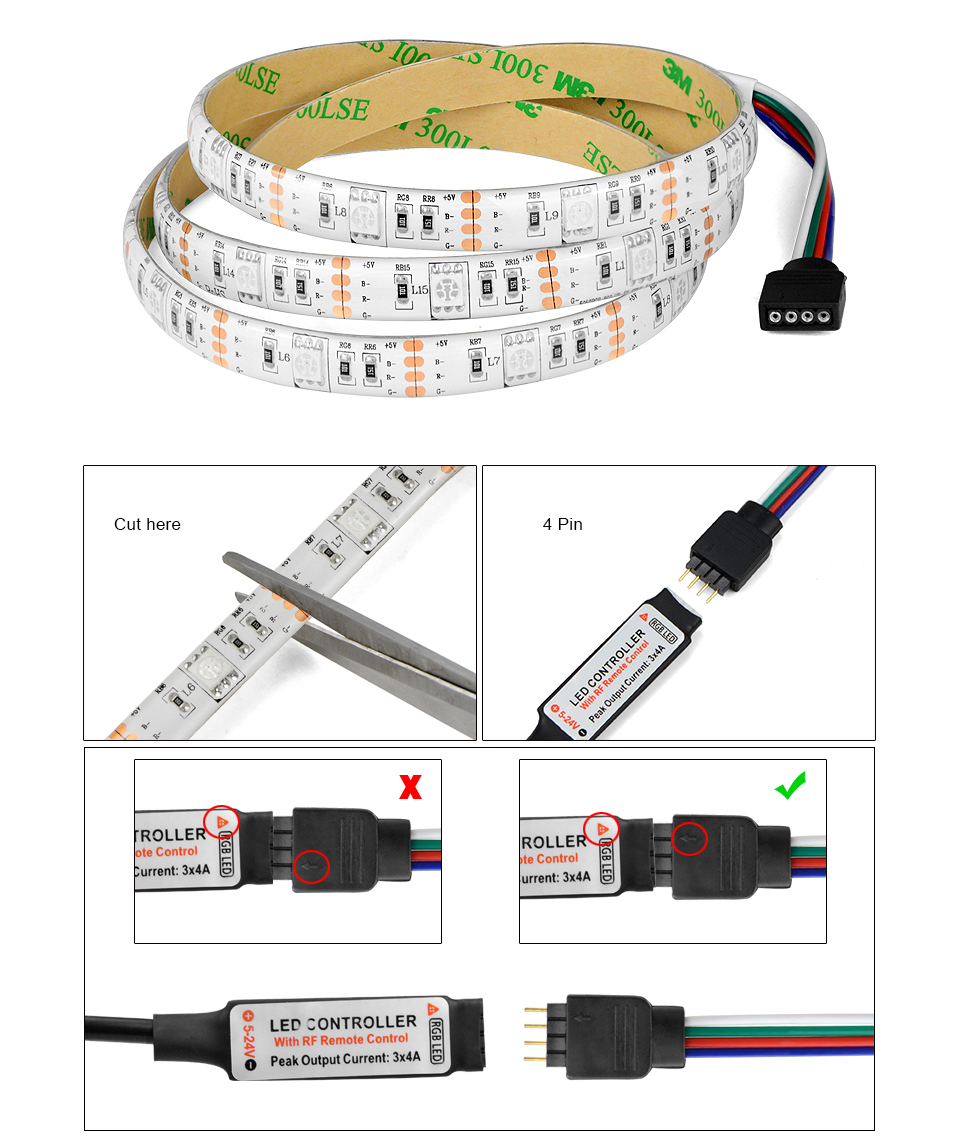 5050 SMD DC 5V USB cable RGB LED strip light 1m 2m 3m 5m 3key 24Keys IR 17Key RF remote control string tape lamp 30LEDs m
