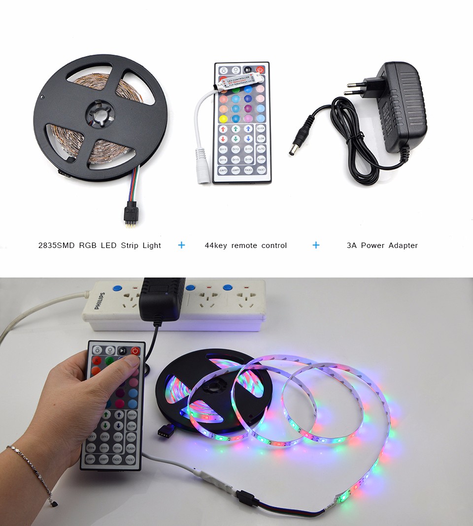 RGB LED Strip Light 5m DC12V SMD 3528 IP20 No Waterproof Flexible Light LED Ribbon Tape Lamp Remote Controller Power Adapter