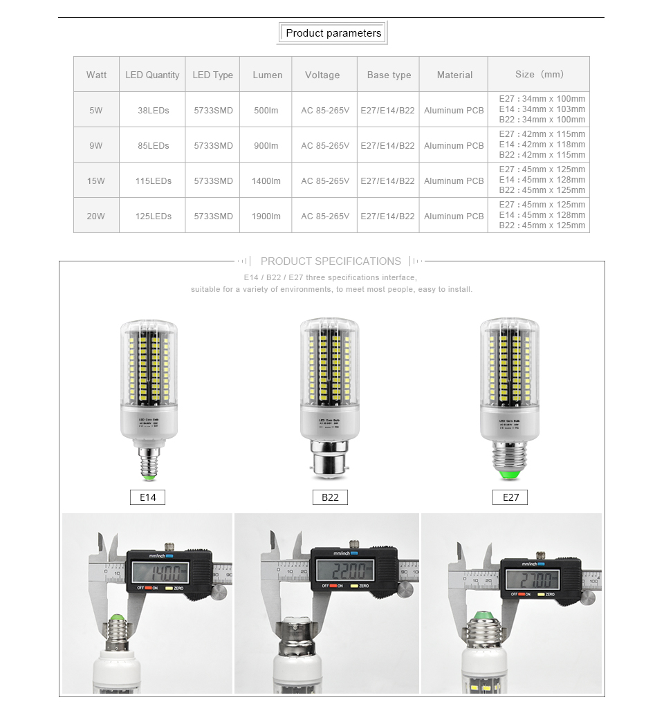 E27 E14 B22 110V 220V 85 265V Led light 5W 15W 20W Spot corn Bulb No strobe LED lamp Indoor lighting Bombillas Bright than 5730