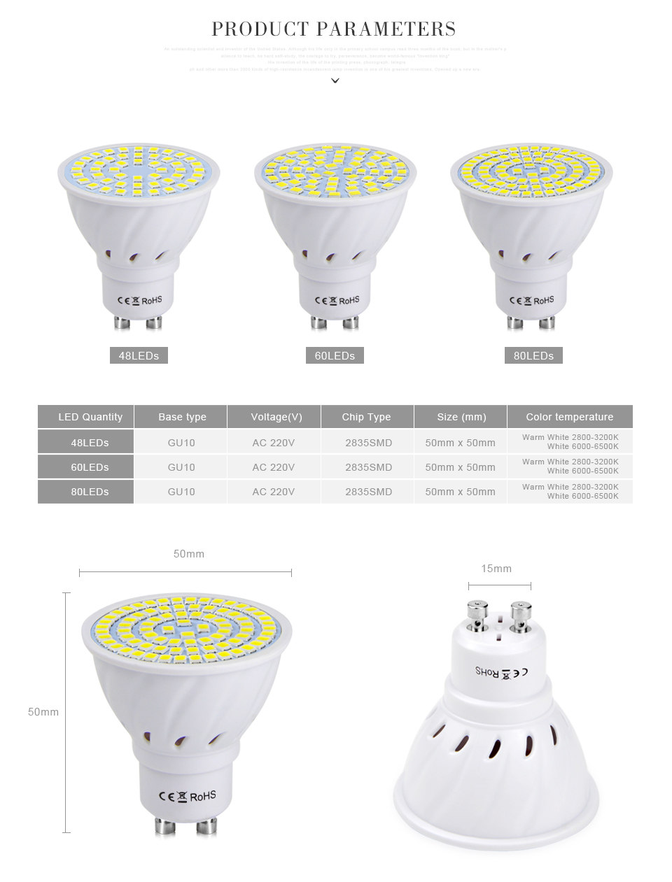 GU10 LED lamp AC 220V LED bulb 2835 SMD LED Spotlight 48 60 80 LEDs led Spot light Candle Bulb home decoration lighting