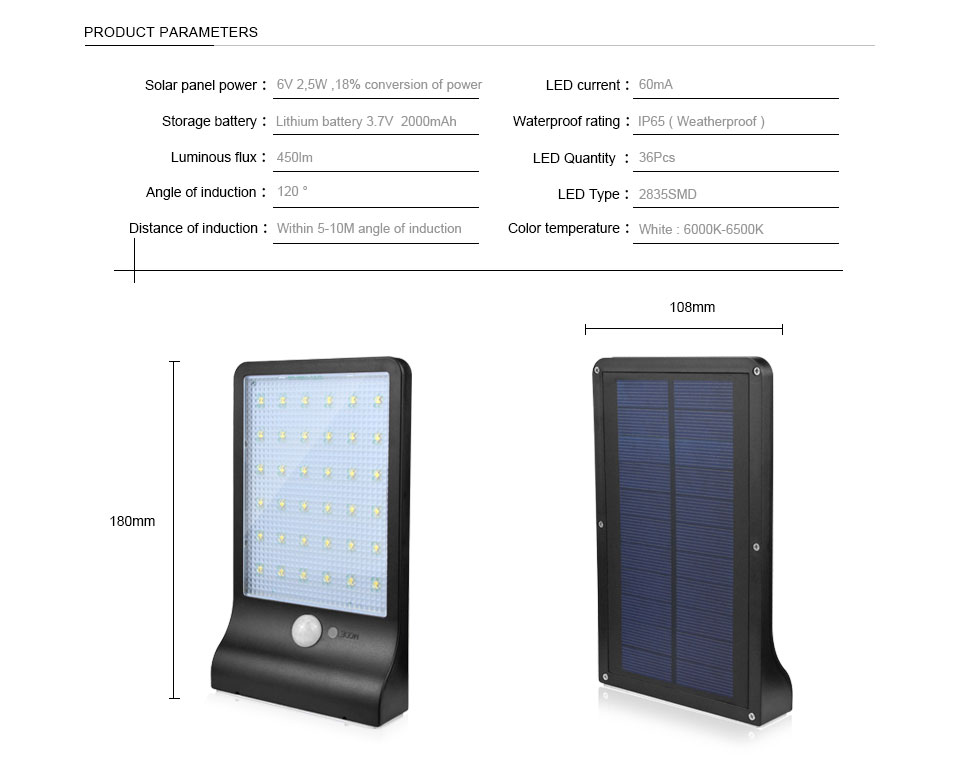 PIR Motion Sensor Solar panel Lamp LED Lighting IP65 Waterproof 36 LED bulb Solar Power Outdoor Light Security street wall Lamp