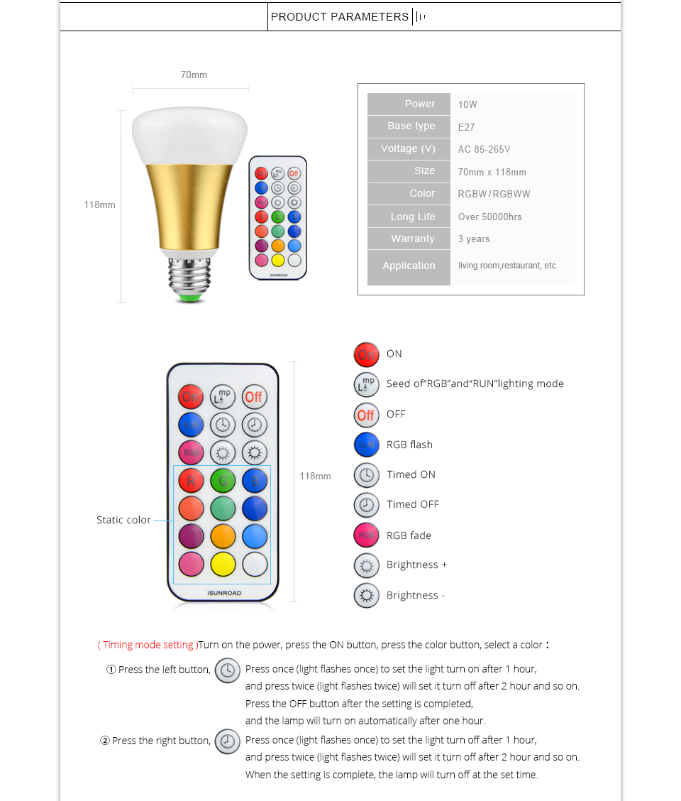 Indoor home lighting Golden aluminum body 10W E27 RGBW RGBWW LED light 110V 220V spotlight LED bulb remote control stage light