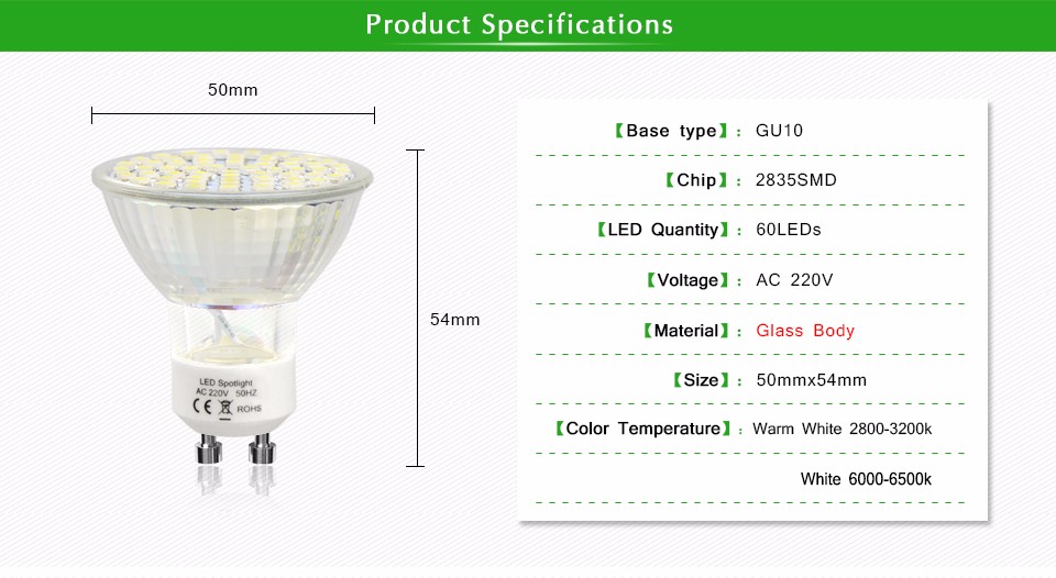 High lumen GU10 LED Spotlight Bulb 220V 550 600LM 2835 SMD 60 LEDs lamp Heat resistant Plastic Glass Body For Indoor lighting