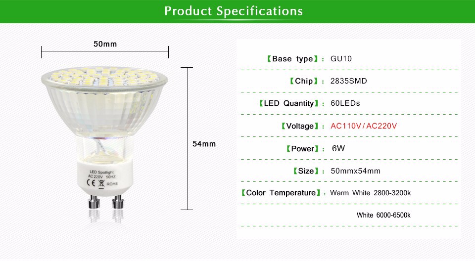 10pcs 2835 SMD 6W GU10 LED Spotlight Bulb AC 220V 110V Heat resistant Glass 60 LEDs corn lamp For Indoor Wall Down light