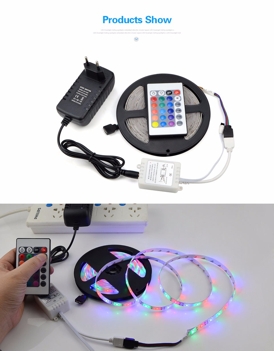 IP65 Waterproof DC 12V 5M 2835 SMD RGB LED Strip Light Flexible RGB Lights Tape 24keys IR Remote Control 3A Power Supply adapter