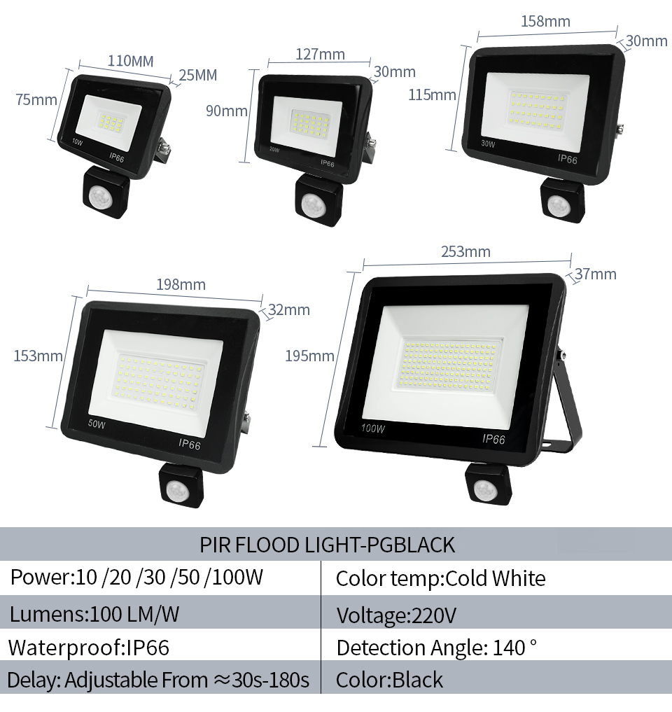 Black White LED Floodlight PIR Motion Sensor 220V 10W 20W 30W 50W 100W Outdoor Lamp Waterproof IP66 Spotlight Courtyard Footpath