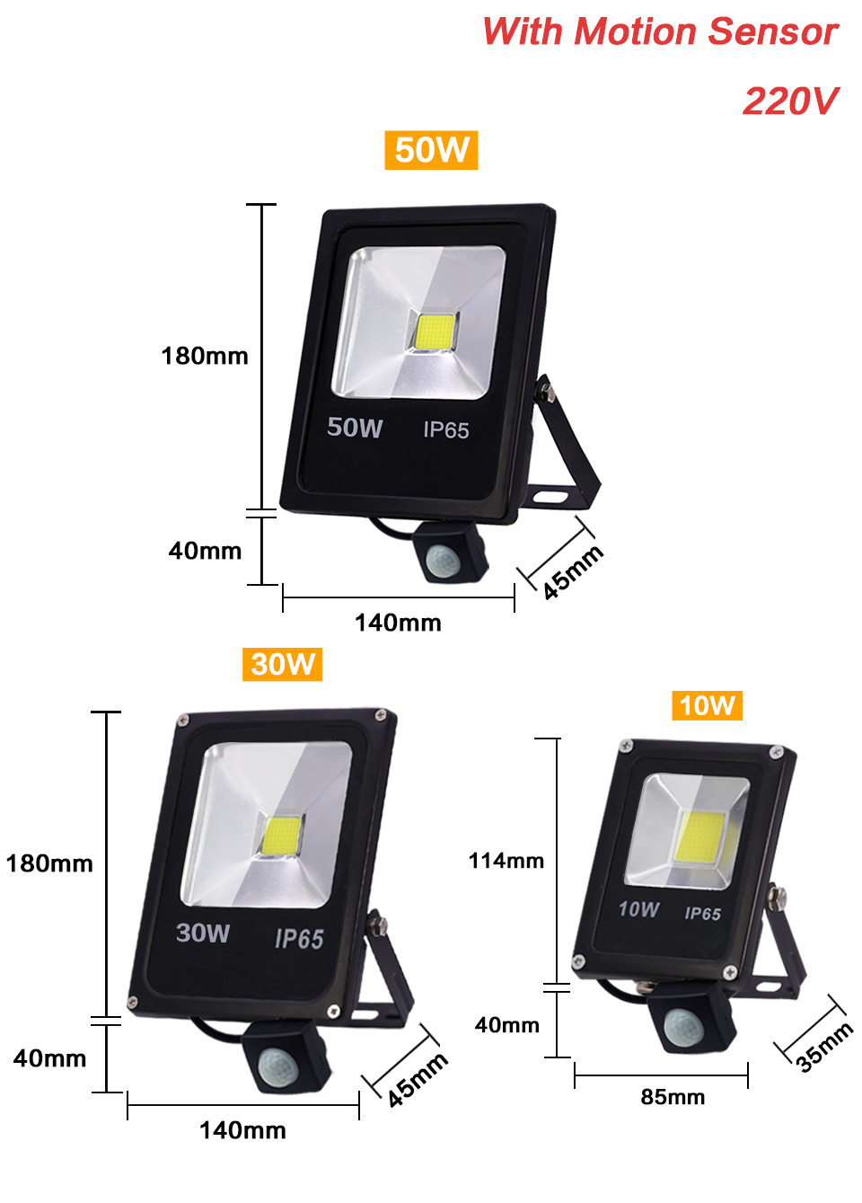 AC220V 240V Ourdoor LED Floodlight Motion Sensor LED Spotlight 100W 50W 30W 10W Waterproof IP65 Reflector Ourdoor Lighting