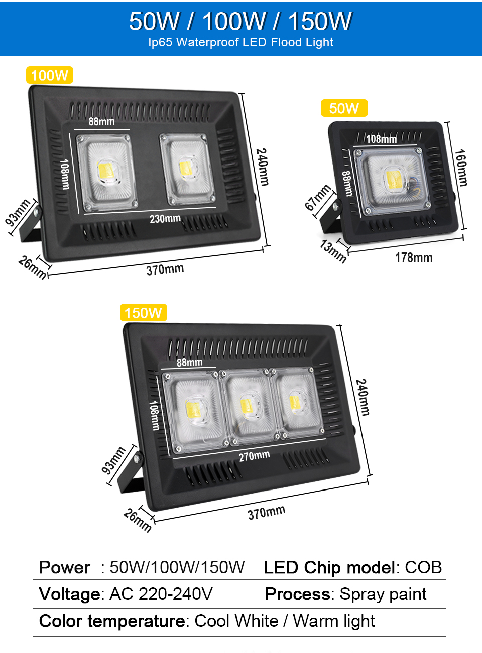 Flood light led AC 220V 240V Waterproof IP66 Outdoor led light 30W 50W 100W 150W 200W LED Spotlight Street Lamp Projector