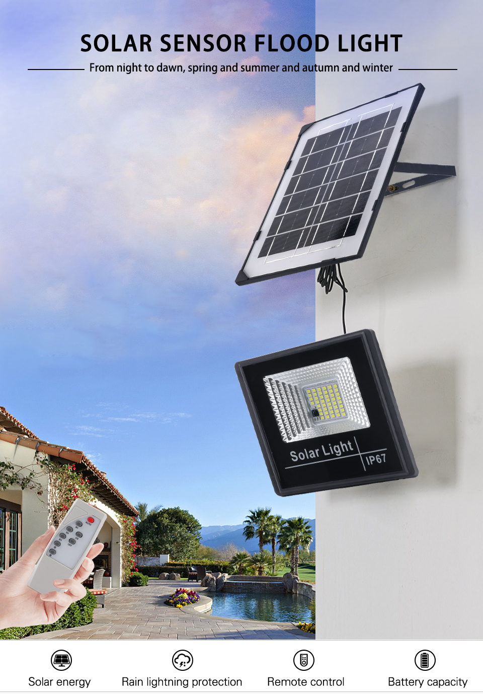 LED Solar Floodlight Outdoor Lighting Remote Control Waterproof For Garden Street Landscape Spotlight Wall Solar Powered Flood L