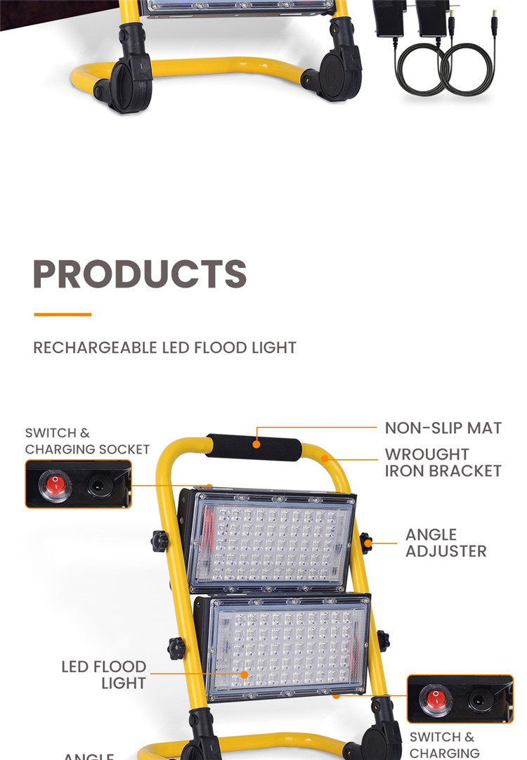 Rechargeable portable LED flood light 50W/100W outdoor camping light three modes with flashing spotlight emergency light