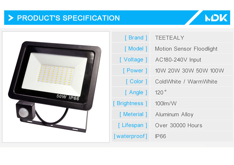 10W 20W 30W 50W 100W Led Flood Light With Adjustable PIR Sensor SMD 2835 Floodlights Outdoor Lighting For Street Square