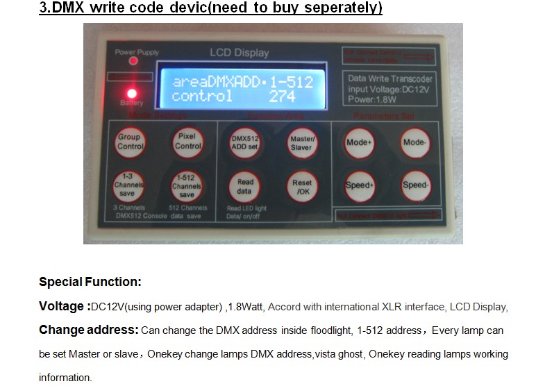 30W RGB DMX flood light AC85-265V input;can be controlled by dmx controller directly;size:L225XW222XH61mm