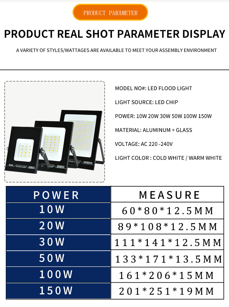 Flood Light LED Outdoor Exterior Projector Lamp 10W 20W 30W 50W 100W 150W For Garden Fence Street Garage Spotlights