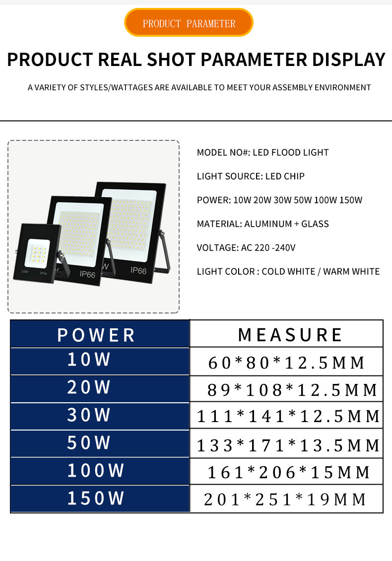LED Floodlight 220V Mini Spotlight 10W 20W 30W 50W 100W 150W Outdoor Lighting Wall Reflector IP66 Waterproof Garden Lamp