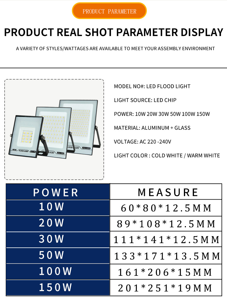 Flood Light LED 220V 10W 20W 30W 50W 100W 150W Outdoor Waterproof Landscape Spotlight Wall Street Garage Lighting Projector Lamp