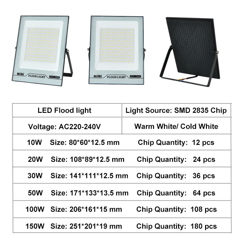 LED Floodlight 10W 20W 30W 50W 100W 150W High Brightness IP66 Waterproof Outdoor Mini Spotlight Wall Gate Garage Garden Lamp