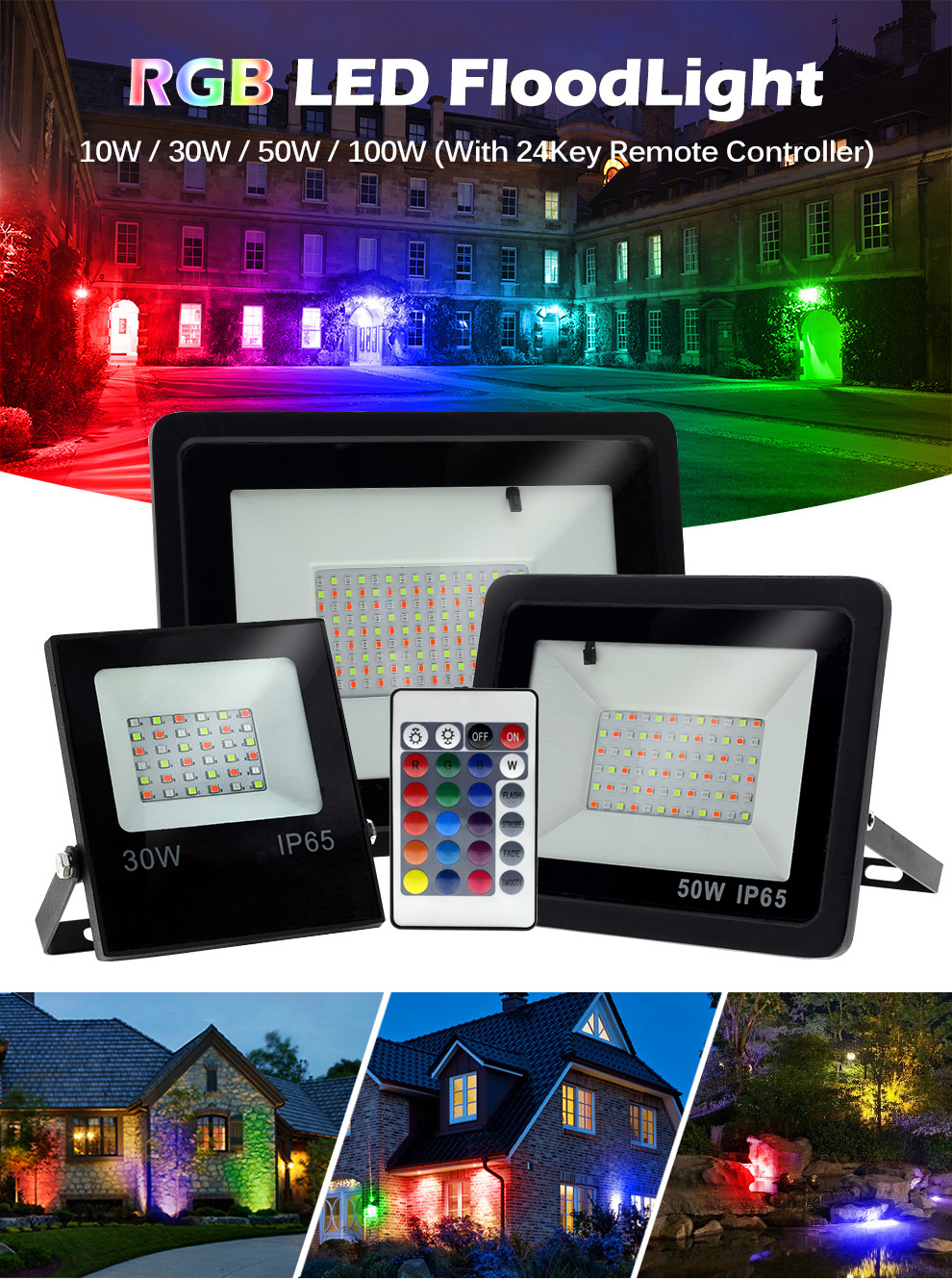 RGB Led Floodlight 10W 30W 50W 100W AC220V Flood Light Outdoor Wall Billboard lighting Reflector IP68 Waterproof Garden Lighting