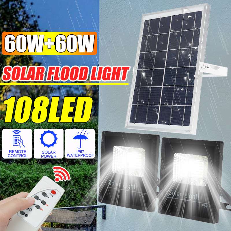 60W+60W LED Solar Flood Light Remote Control Spotlight IP67 Waterproof Street Light Dimmable Outdoor Garden Lamp Timer Function