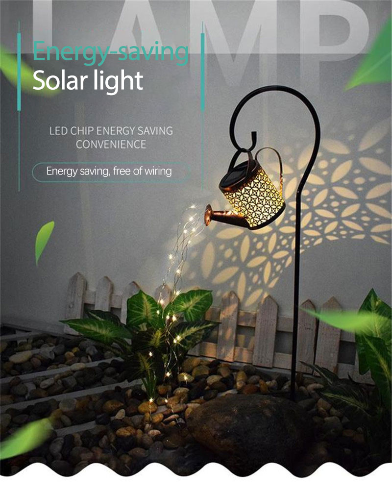 Outdoor Solar Watering Can Ornament Lamp Garden Art Light Decoration Hollow-out Iron Shower LED Lights String Garden Decorations