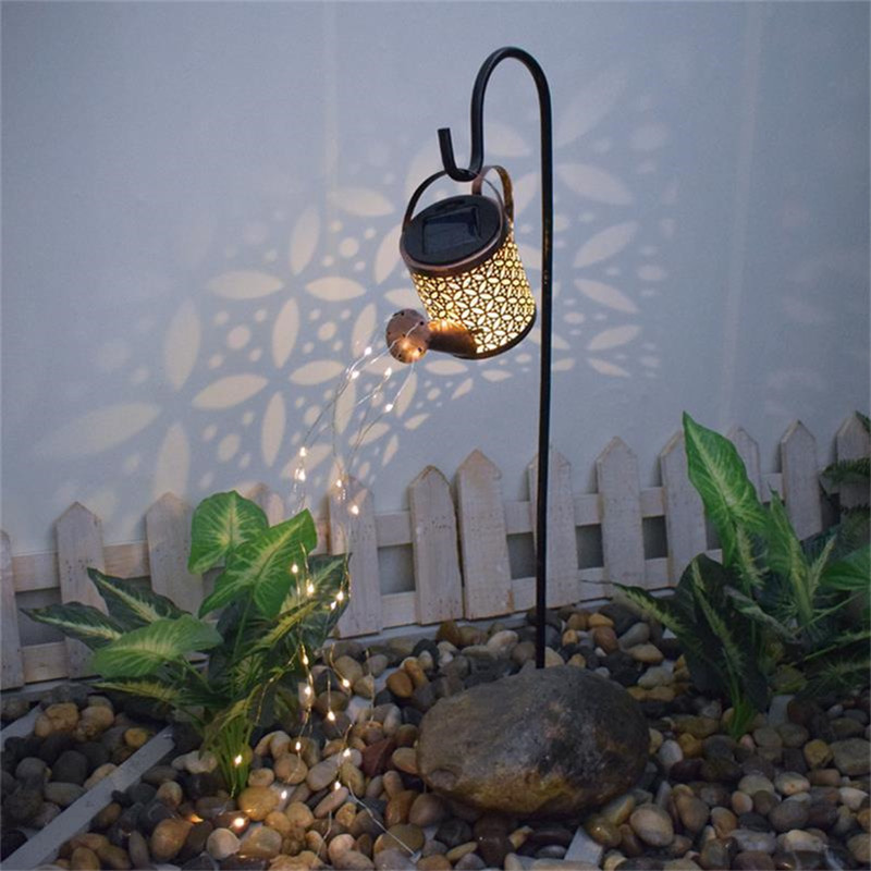 Outdoor Solar Watering Can Ornament Lamp Garden Art Light Decoration Hollow-out Iron Shower LED Lights String Garden Decorations