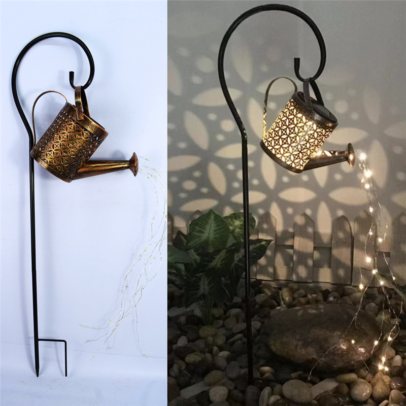 Outdoor Solar Watering Can Ornament Lamp Garden Art Light Decoration Hollow-out Iron Shower LED Lights String Garden Decorations