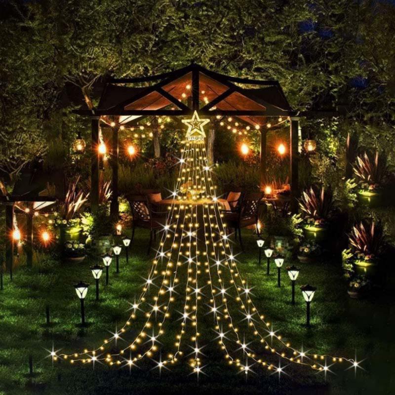 LED Five-pointed Star Waterfall Light Garden Lawn Star Hanging Tree Light Waterproof Solar Christmas Tree Decoration