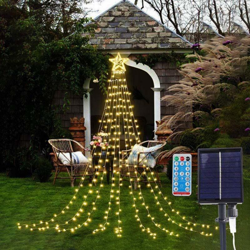 LED Five-pointed Star Waterfall Light Garden Lawn Star Hanging Tree Light Waterproof Solar Christmas Tree Decoration