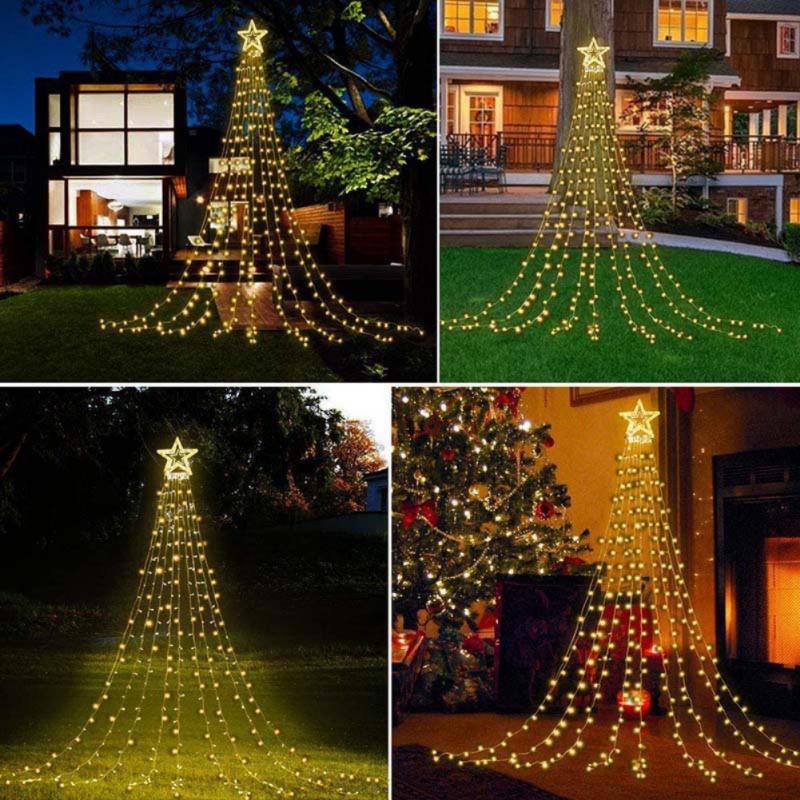 LED Five-pointed Star Waterfall Light Garden Lawn Star Hanging Tree Light Waterproof Solar Christmas Tree Decoration