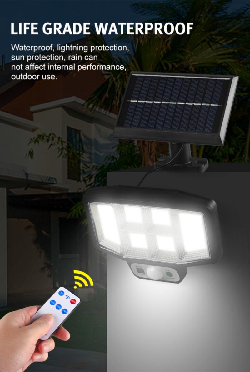 Solar LED Motion Sensor Lights Outdoor Wall Security Lamp 3 Modes Waterproof Adjustable Head Garden Lighting with Remote