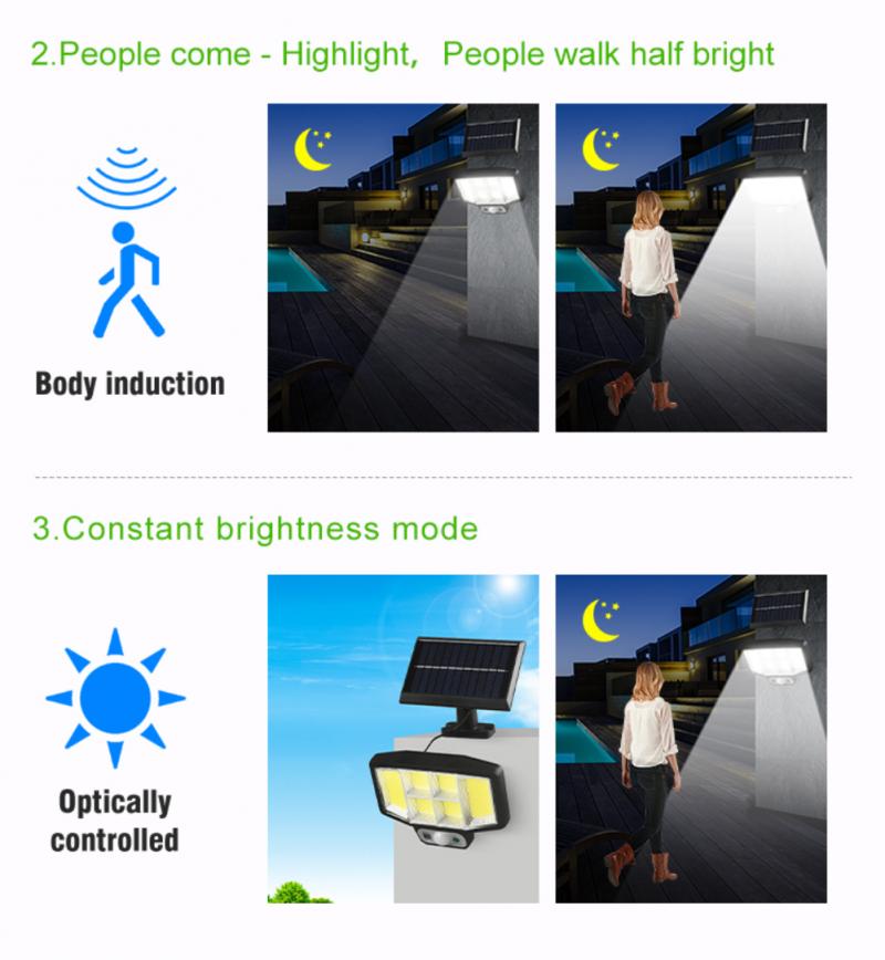 Solar LED Motion Sensor Lights Outdoor Wall Security Lamp 3 Modes Waterproof Adjustable Head Garden Lighting with Remote