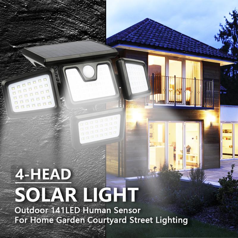 Solar Light Outdoor Four-head 141LED Human Sensor Wall Lamp IP65 Induction Wall Light For Home Garden Courtyard Street Lighting