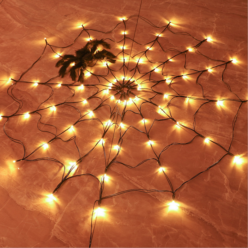 3.28ft Diameter 70LED Halloween Spider Web Lights USB 8Modes Spider Web Wall Net Lights For Scary Halloween Decoration Garland