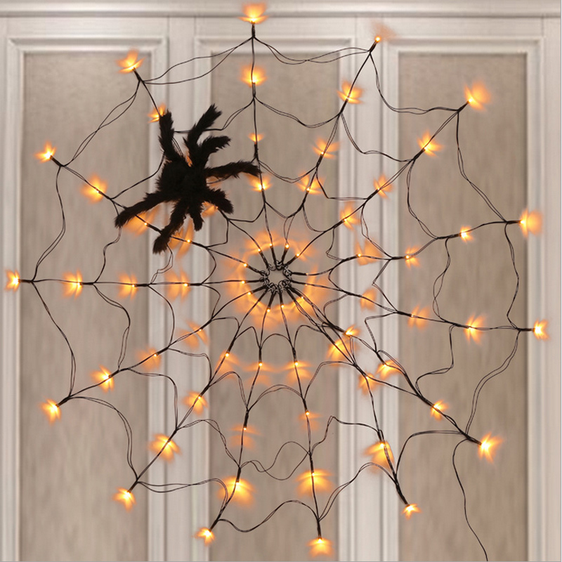 3.28ft Diameter 70LED Halloween Spider Web Lights USB 8Modes Spider Web Wall Net Lights For Scary Halloween Decoration Garland