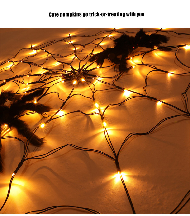 3.28ft Diameter 70LED Halloween Spider Web Lights USB 8Modes Spider Web Wall Net Lights For Scary Halloween Decoration Garland