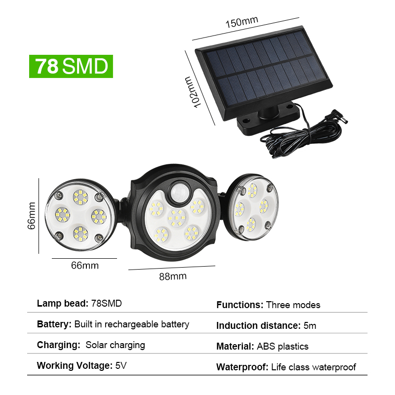 Solar Light Outdoor Three-head Wall Street Lamp Waterproof Split Type Sensor Street Light for Garden Lawn Courtyard Lighting
