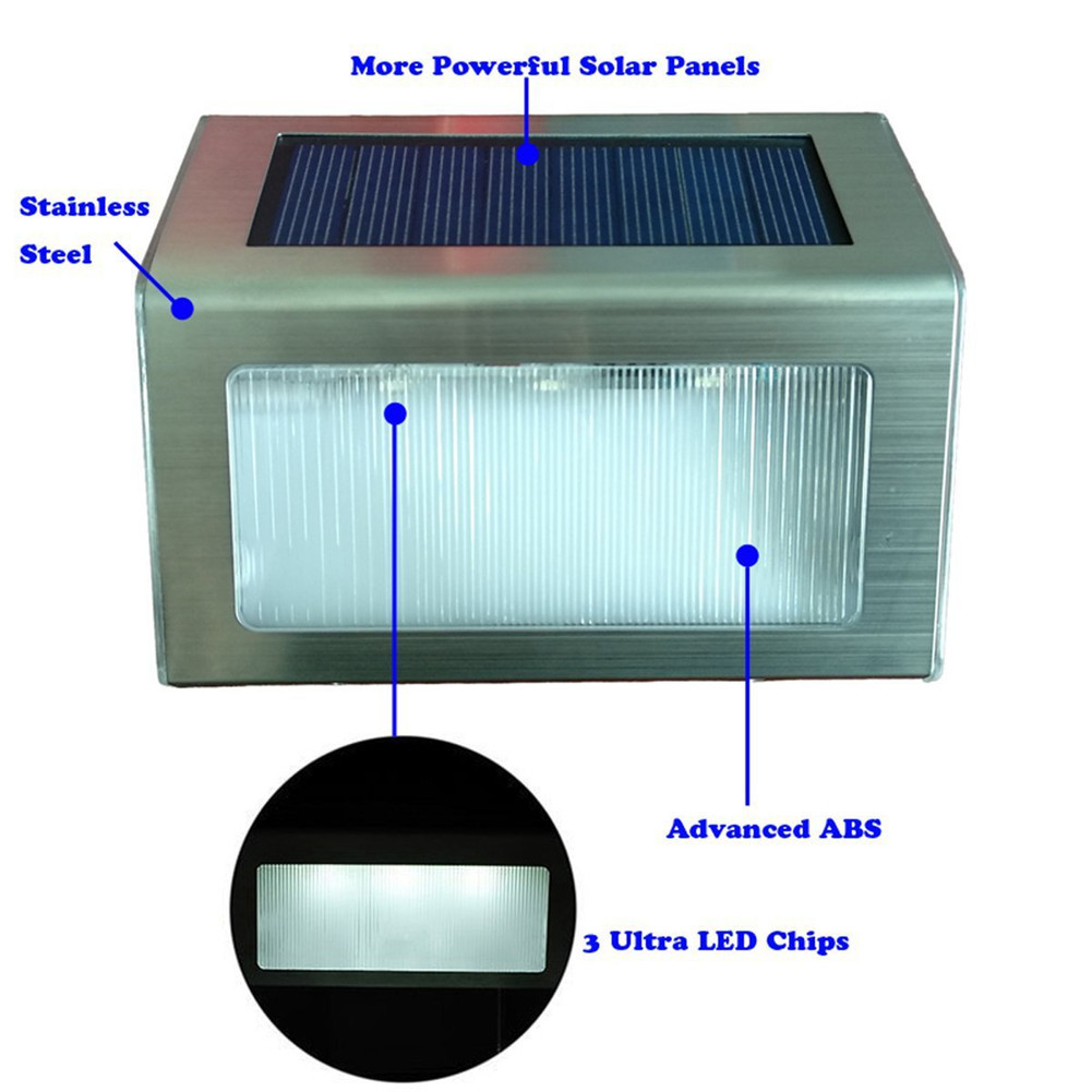 4PCS Stainless Steel 3LED Solar Wall Lamp Outdoor Waterproof Solar Power Garden Fence Light Courtyard Pathway Fence Wall Light