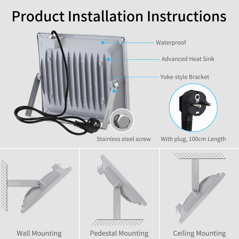 220V 10W/30W/50W/100W LED Flood Light SMD 2835 Outdoor Floodlights Lamp EU plug Cold White/Warm White Waterproof IP65 Spotlight